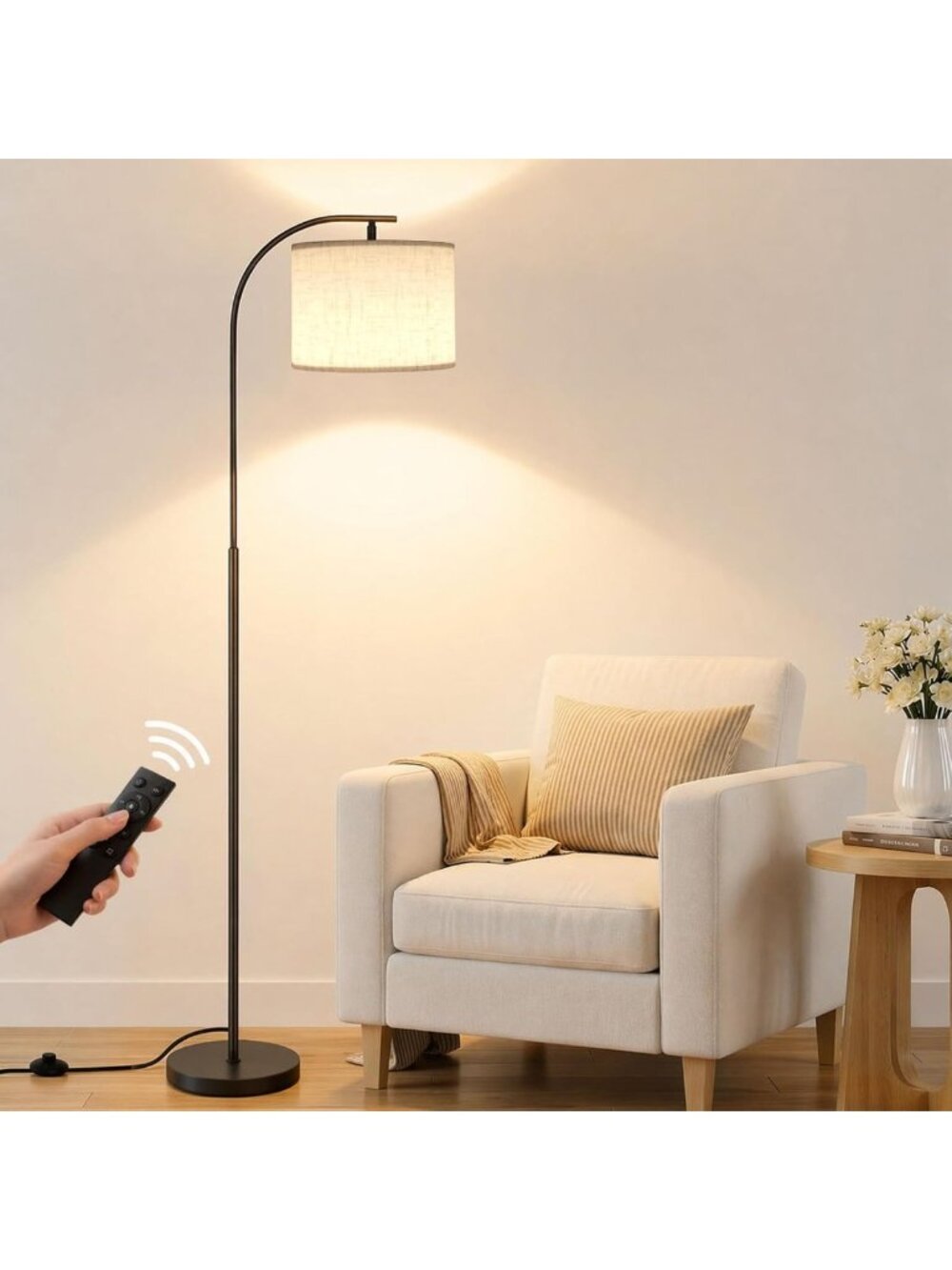 Dimmable Arc Floor Lamp with Linen Shade & Remote - Modern Tall Reading Light